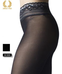 opaque seamless tights with lace top in lurex -15 den side detail
