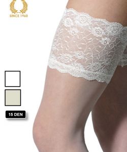 bridal hold ups with wide floral lace -15 den detail