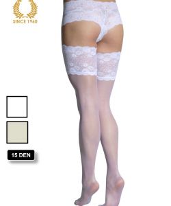 bridal hold ups with wide floral lace -15 den white back