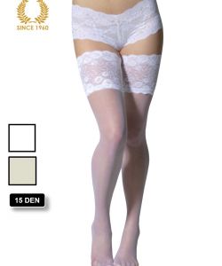 bridal hold ups with wide floral lace -15 den white front