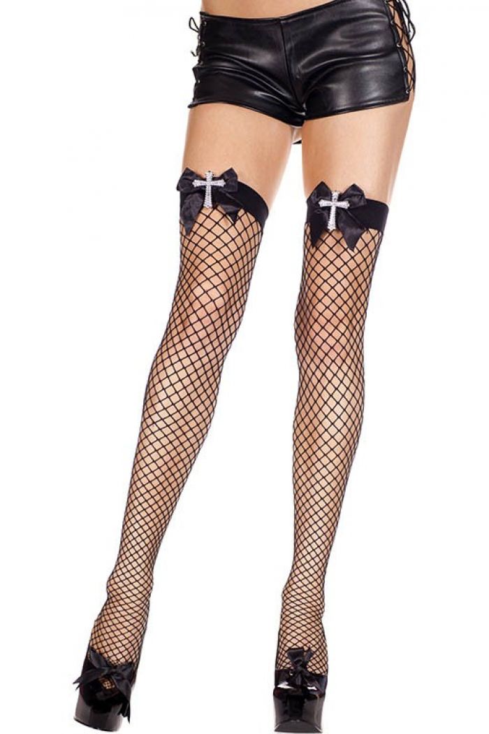 Music Legs Cross-and-satin-bow-spandex-mini-diamond-net-thigh-hi  Halloween 2018 | Pantyhose Library