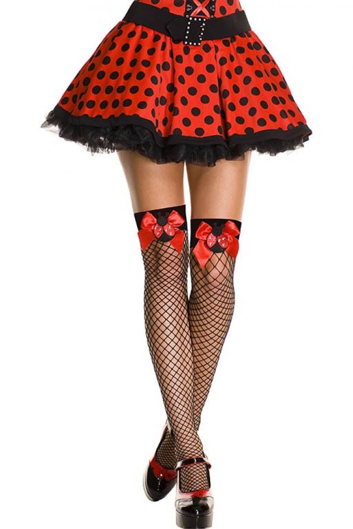 Music Legs Fishnet-thigh-hi-with-bow-and-lady-bug-applique  Halloween 2018 | Pantyhose Library