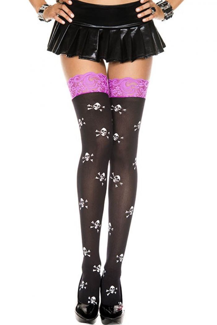 Music Legs Lace-top-cross-skull-print-opaque-thigh-hi  Halloween 2018 | Pantyhose Library