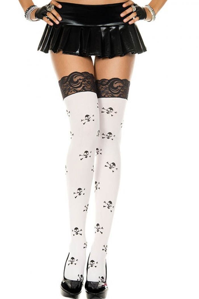 Music Legs Lace-top-skull-print-opaque-thigh-hi  Halloween 2018 | Pantyhose Library