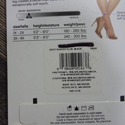 Hanes Body Shaper Pantyhose Silky Sheer ~ Black Plus Size 3X / 4X  ~ Lot of 3