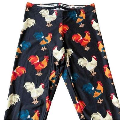Black Full Length Leggings Bright Colored Chicken Rooster Design XS