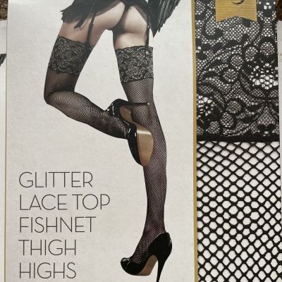 AfterDark Glitter lace top fishnet thigh highs By Baci One size