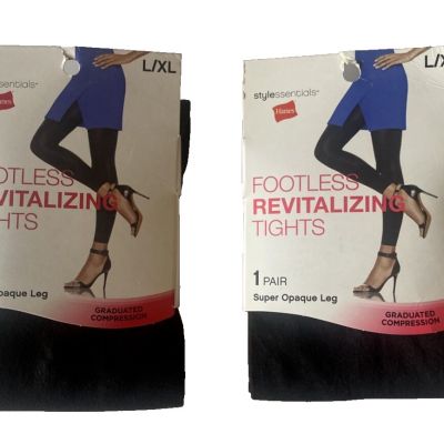 2 Hanes Style Essentials Footless Revitalizing Tights Black Opaque Leg Sz L/XL