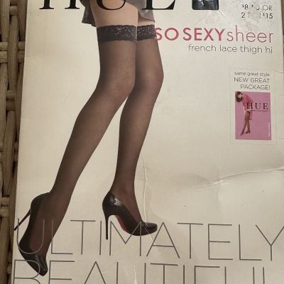 HUE SO SEXY Sheer French Lace Top Thigh Hi Stockings MADE IN Italy Size 2 Black