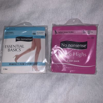 No Nonsense Knee Highs Size 1 Black Reinforced Toe or Size 1 - 2 pack Nude sheer