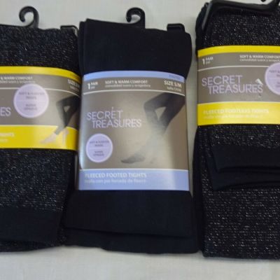 Fleeced Footless Tights Soft & Warm NWT New Opaque Lot 3 Pair Black & Glitter