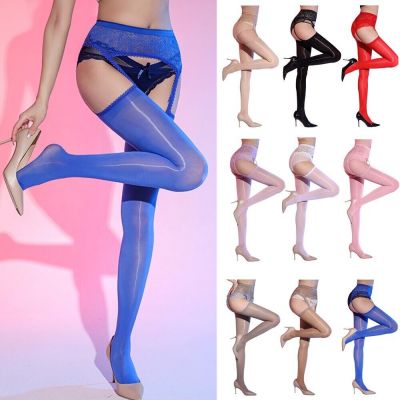 Womens Tights Silky Suspender Stockings Open Crotch Pantyhose With Garter Lace
