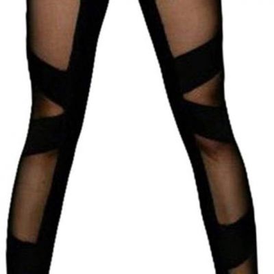 Women's Nylon Mesh Black Sexy Solid Color Bandage Straps Leggings Tight Pants
