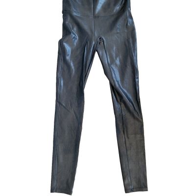 SPANX Faux Leather Black Shimmery Metallic Leggings Medium #2437 Tummy Control