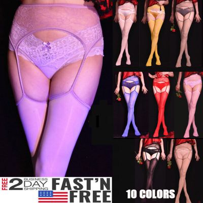 Womens Oil Shiny Glossy Stockings Garter Belt Stay Up Thigh-High Hosiery