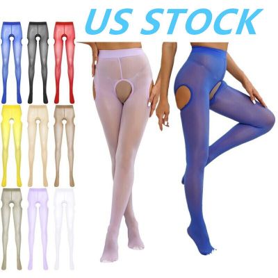 US Women Sheer Glossy Pantyhose Stretchy High Waist Open Crotch Tights Stockings