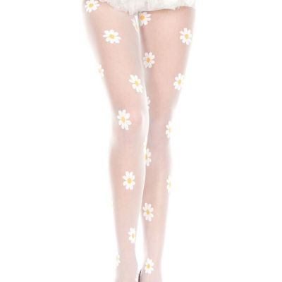 Music Legs White Sheer Daisy Flower Design Print Festival Spandex Pantyhose