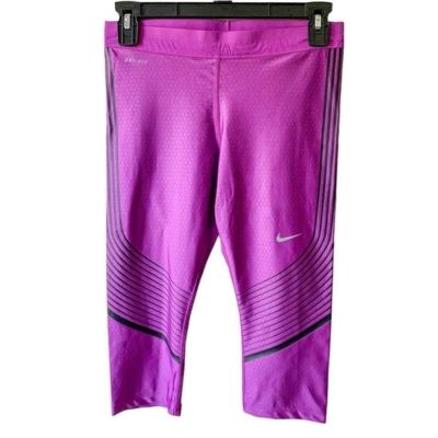 Nike Dri-FIT Cropped 3/4 Length Drawstring Waist Workout Leggings Purple Black