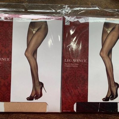 Leg Avenue Black And Tan Crotchless Pantyhose Style 1905Q Plus Size Lot of TWO