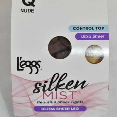 L'eggs Pantyhose Silken Mist  Nude  Control Top  Size Q   Run Resistant