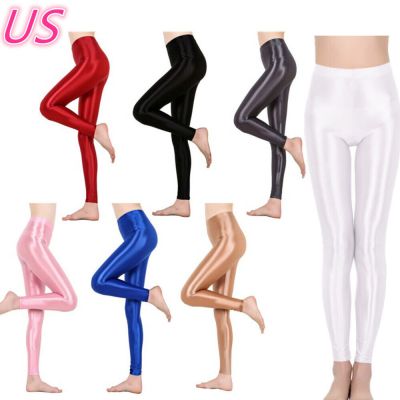 US Women Athletic Leggings Shiny Gym Workout Slim Fit Tight Casual Pant Clubwear