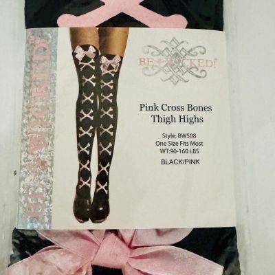 Be Wicked, Pink Cross Bones Thigh Highs W/Bow NIP Black/Pink fits 90-160 LBS