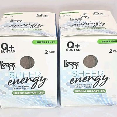 Lot Of 2 2 Pack L'eggs Sheer Energy Medium Leg Support Pantyhose Q+ Suntan Seale
