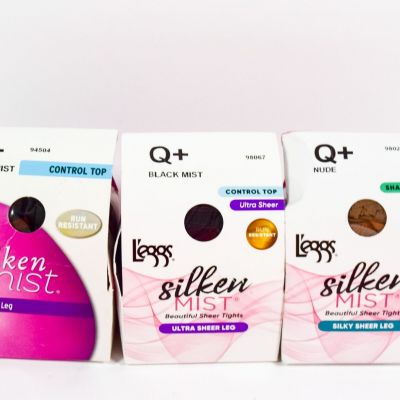 3 L'eggs Silken Mist Control Top Run Resistant 2 BLACK MIST/1 NUDE Tight Q+