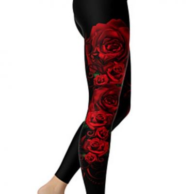 womens 3X plus size leggings black with red roses pattern. Soft stretch spandex