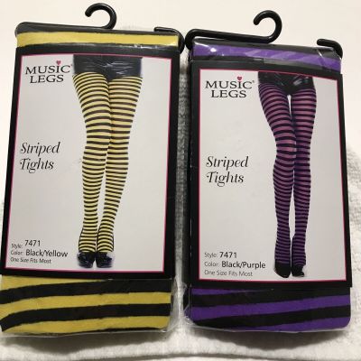 Music Legs ( 7471, One Size) Yellow & Purple Black Striped Tights - 2pks