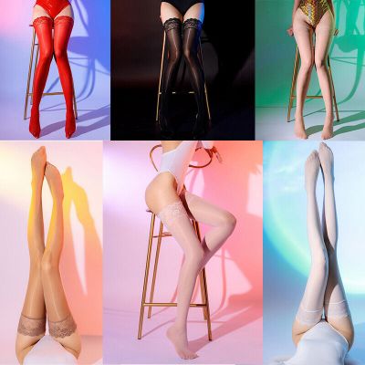 Womens Oil Shiny Glossy High Stockings Lace Silicone Stay Up Thigh-Highs Hosiery