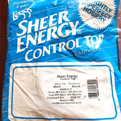Leggs L'eggs Sheer Energy Control Top Pantyhose Size A Black 4 Pairs Hosiery NOS