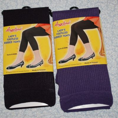 Womens FOOTLESS RIBBED TIGHTS 2 Pair Lot BLACK & DARK PURPLE One Size Fits Most