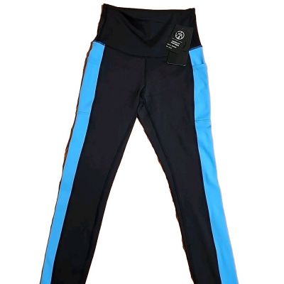 Move Theology Juniors Green Black With Wide Blue Stripe Exercise Legging Pockets
