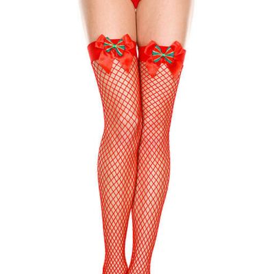 Red Mini Diamond Net Stay Up Thigh Highs Satin Bow Garland Christmas Stockings