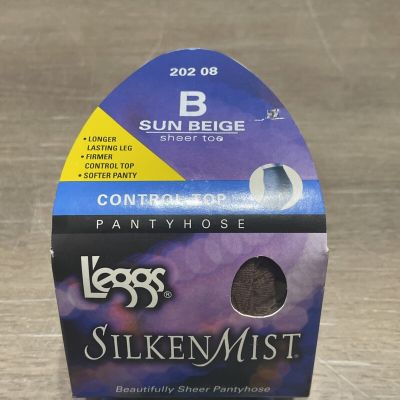 Leggs Silken Hosiery Control Top Sheer Toe Sun Beige Pantyhose Size B 5”11 165lb