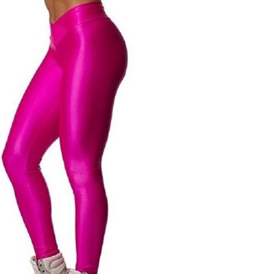 Hupplle Fashion Neon Stretch Skinny Shiny Spandex Leggings Pants Large, Pink