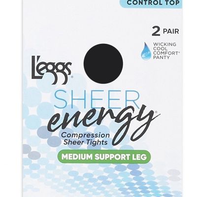 2-Pair L'eggs Sheer Energy Size B 97973 Control Top Medium Support • JET BLACK