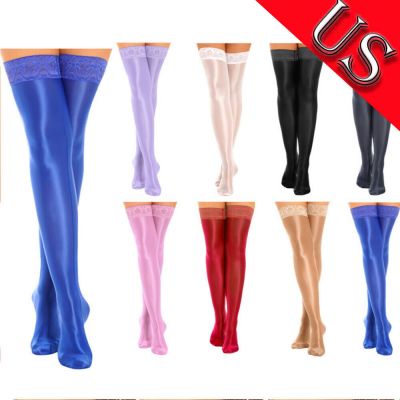 US Women's Glossy Silk Socks Sexy Solid Ultra Thigh High Stockings Shiny Hosiery