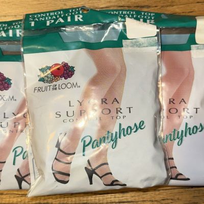 New Fruit of the Loom Control Top Pantyhose Sandalfoot Size A Taupe Lot Of 3