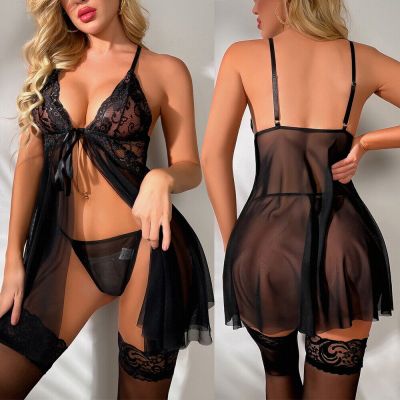 Women Sexy Lingerie  Front Front Babydoll Lace Chemise Sleepwear With Stockings
