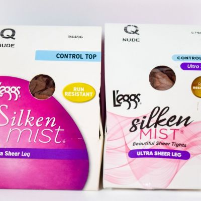 2 L'eggs Silken Mist Ultra Sheer Leg Control Top Run Resistant NUDE Size Q Tight