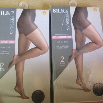 4 Pair BLACK LARGE  L Silk Impressions Pantyhose MEDIUM SUPPORT SHEER BLACK ER2