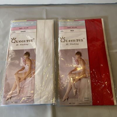 2-Queen Tex Sheer Thigh High Stocking  1 Red ,1 White ,One Size Fits All -No.101