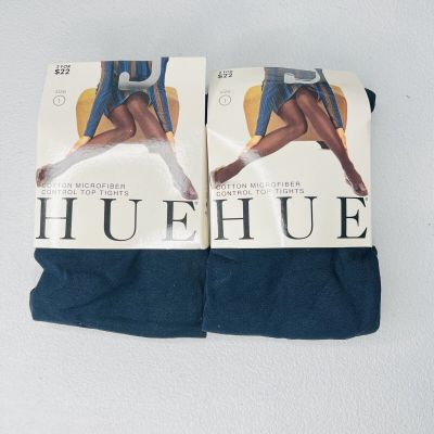 HUE Navy Blue Cotton Microfiber Control Top Tights Womens Size 1 New 2 Pair