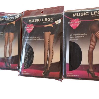Music Legs Sexy Black Pantyhose Nylon Stockings LOT OF 3 Fishnet Bows Stripes