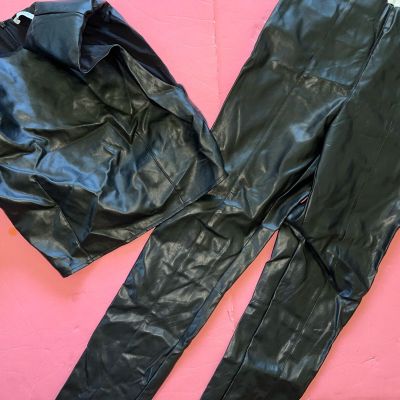 PRE-OWNED Zara M TOP SHOULDER PADS+H&M 6 Pants Leggings BLACK faux LEATHER