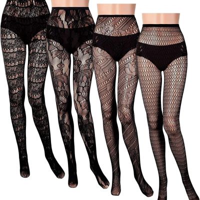 4 Pairs Plus Size Fishnet Tights High Waist Thigh High Stockings Patterned Panty