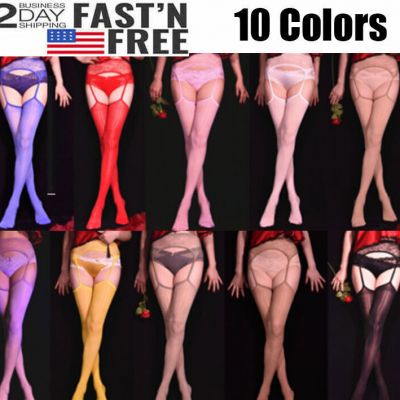 Women Suspender Garter Stockings Lace Sheer Oil Shiny Thigh High Socks Pantyhose