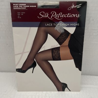 Hanes Thigh High Lace Top Stockings Silk Reflections Size AB Sheer Jet Black
